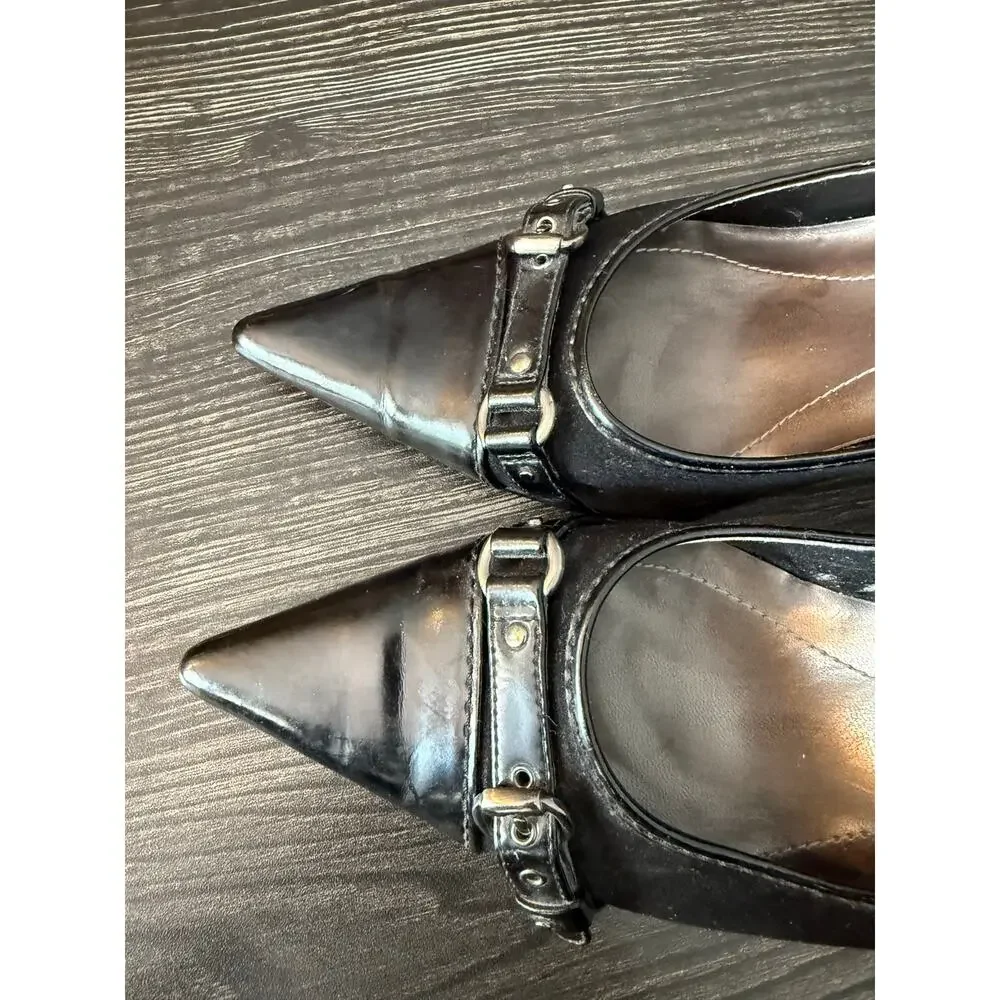 Linea Paola Y2K Suede and Patent Mini Leather Buckle Stiletto Heels Sz. 9
